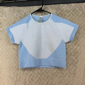 New Mix  Crop Top Womens Large Blue Short Sleeve Fitted Athletic Waffle Knit